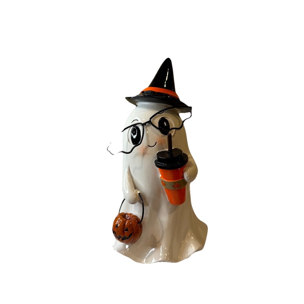 Halloween Super Cute Nerd Ghost Figurine With Pumpkin Latte, Glasses 7" Tall NEW